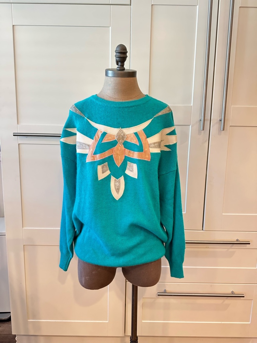 Worthington Teal Crewneck Sweater with Geometric Appliqué